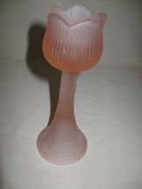 Long Candle Stick Holder Votive Glass Frost Pink Line &amp; Tulip Design  - $9.95