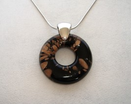 Venetian Glass Black Disc Pendant Sterling Silver Chain Necklace Unique Handmade - £118.51 GBP