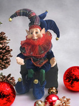 Christmas Elf Pixie Plaid Hanging Posable Ornament Jingle Bells Velvet 17&quot;  - £33.14 GBP