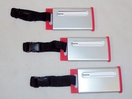 Luggage Tags ~ Set of 3, Aluminum &amp; Red Silicone, Webbing Strap, Buckle ... - $9.75