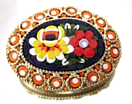 Vintage Micro Mosaic Brooch Yellow Red Flowers Dimensional Oval Pin Italy - £21.99 GBP