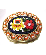 Vintage Micro Mosaic Brooch Yellow Red Flowers Dimensional Oval Pin Italy - £22.51 GBP