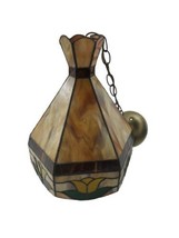 Vintage MCM Stained Glass Dinning Hanging Ceiling Light Tulip Flower Fixture  - £42.98 GBP