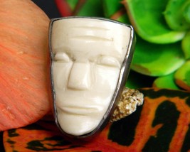 Vintage Carved Aztec Mayan White Mask Face Sterling Silver Brooch Pin - $58.95