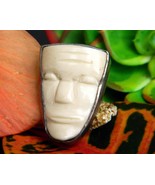 Vintage Carved Aztec Mayan White Mask Face Sterling Silver Brooch Pin - £47.27 GBP