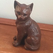 Estate Red Mill Signed Cute Reddish Brown Carved Pecan Sitting Kitty Cat... - $15.79
