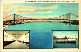 Windsor Tunnel Bridge Ferry Multiview Detroit MI Michigan UNP Linen Postcard D14 - £1.98 GBP