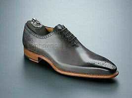 Handmade Men&#39;s Leather Oxfords Wing Tip Premium Quality Gray Derby Toe shoes-688 - £164.34 GBP
