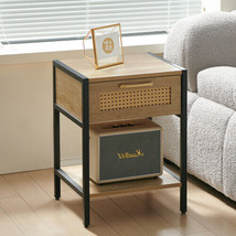15.74&quot; Rattan End Table With Drawer, Modern Nightstand, Metal Legs - £74.38 GBP