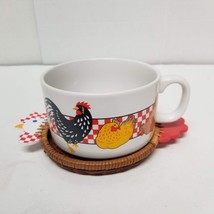 2 Pc Avon Rooster and Hen Soup Mug and Wicker Chicken Shaped Coaster - £4.65 GBP
