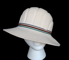 Vtg cream colored felt ladies cloche hat w/ rainbow accent ribbon 21 inc... - $39.99