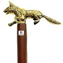 Brass Walking Stick Fox Head Handle with Brown Wooden Handmade Cane - £49.84 GBP