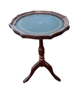  Vintage Pie-Crust Leather Top Accent Table Mahogany Pedestal Side Table Green - $166.65 CAD