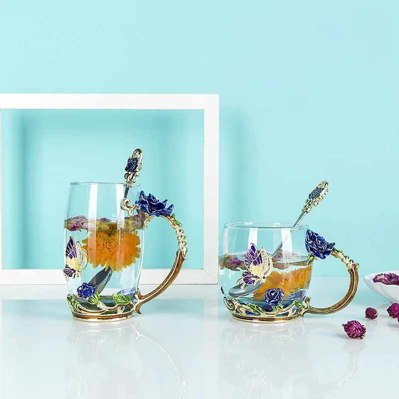 House Home Blue Rose Enamel Crystal Tea Cup Coffee Mug Aerfly Rose Painted Flowe - £46.64 GBP