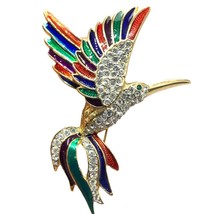 Large 3 In. vintage colorful enamel &amp; rhinestone/crystal hummingbird brooch pin - £28.92 GBP