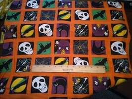 Halloween Fabric By The Yard Orange green purple bat cat skull ghost wit... - $6.44