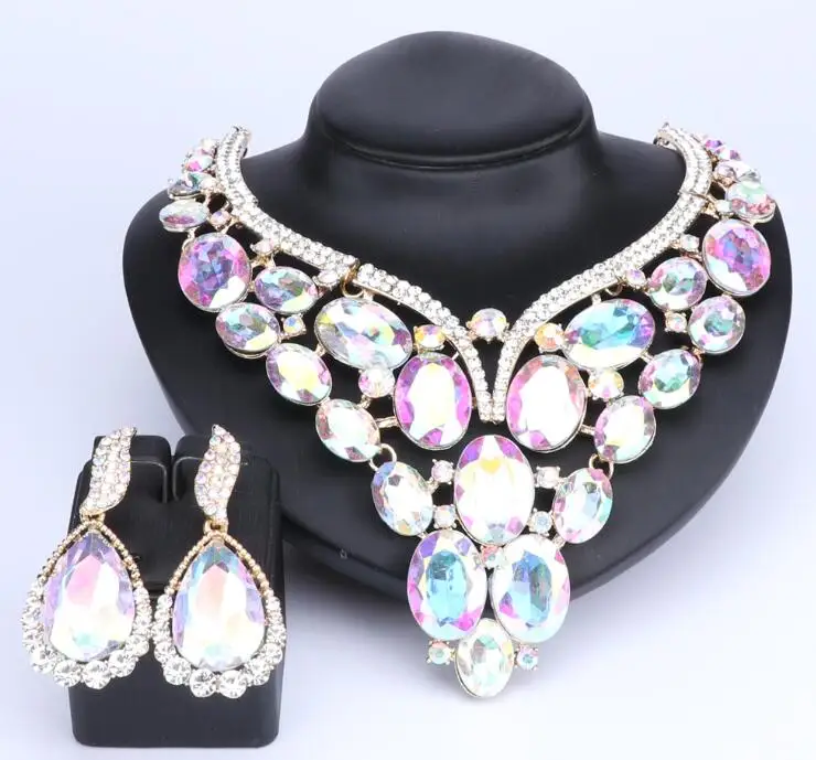 10 Colors Crystal Earrings Necklaces Sets Gold Color Jewelry Sets For Women Geom - $27.52