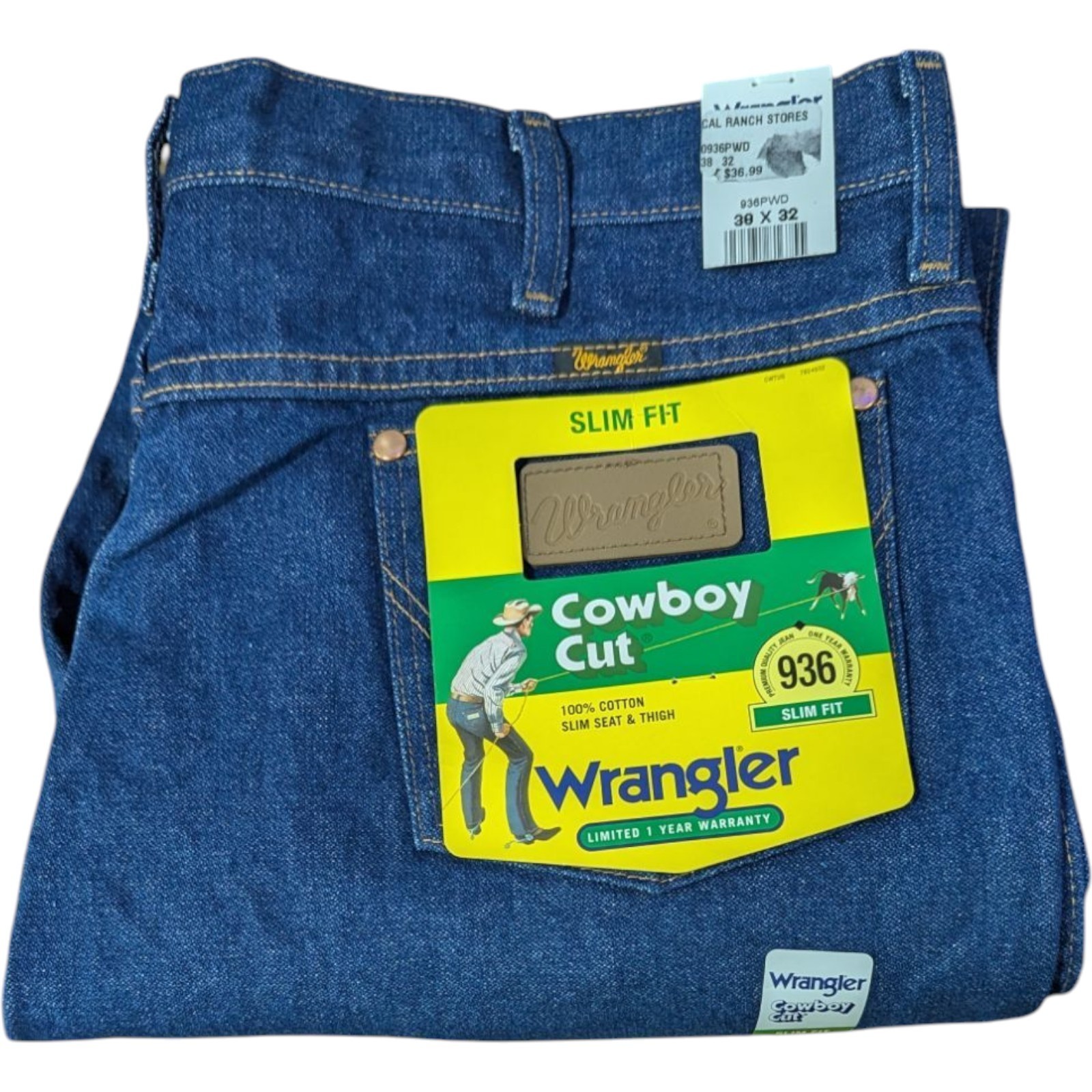 Wrangler Mens Jeans Cowboy Cut Slim Fit 38x32 Blue Denim 936 - $44.55