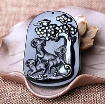 2015 Year natural Obsidian stone Hand carved Three sheep good luck pendant - $23.75