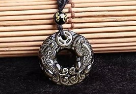 natural Gold Obsidian stone Hand carved  Round PI yao Charm luck pendant - $25.74