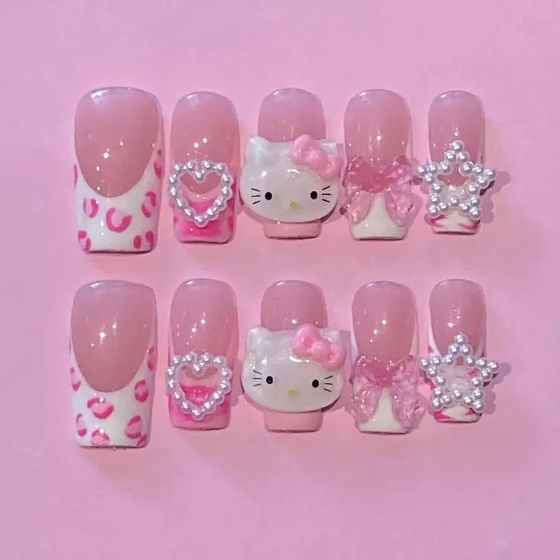 Sanrio Hello Kitty Y2K Pink Leopard Print Love Star Fake Nail Patch Handmade - £12.82 GBP