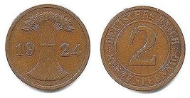 1924 - A Deutsches Reich Two Renten Pfennig - V.G.+ - $6.88