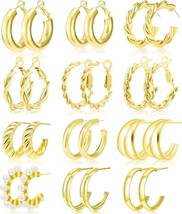 12 Pairs Gold hoops Earrings for Women Gold Earrings Set Twisted Huggie Hoops - £11.55 GBP