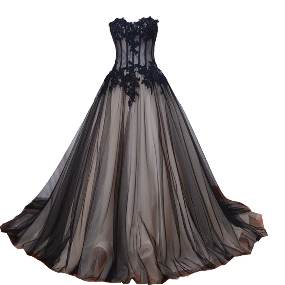 Kivary Sweetheart Long Black and Champagne Lace Tulle Gothic Corset Prom Wedding