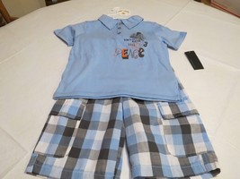 HAS HOLE IN SHIRT Boy&#39;s Youth Kenneth Cole reaction plaid shorts Polo 7 set blue - £9.10 GBP