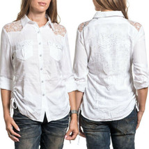 Affliction Endless Road Heart Rhinestone Tie Side Women LS Button Up Shirt White - £79.28 GBP