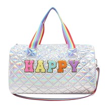 Iridescent Silver Varsity Weekender Large Duffel Bag Happy Chenille Patch - £42.52 GBP