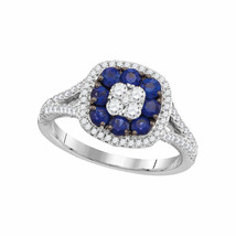 18kt White Gold Womens Round Lab-Created Blue Sapphire Cluster Ring 1-1/5 Cttw - £1,338.03 GBP