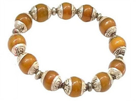 Tibetan 12X10mm 925 Silver Repousse Beeswax Amber Beads Beaded Bracelet - $418.45 MXN