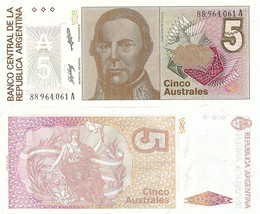 Argentina P324b, 5 Australs, Liberty / President Justo José de Urquiza 1... - $1.99