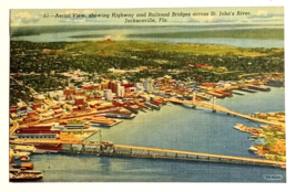 Aerial View Highway Railroad Bridges St Johns River Jax FL Linen Postcard 1942 - £6.28 GBP