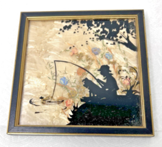 Vintage Silhouette Picture Boy His Dog Fishing  Pressed Flowers 5.5 x 5.... - $28.22