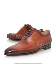 Men&#39;s handmade leather shoes, Cognac Patina One piece leather dress shoes - $170.99
