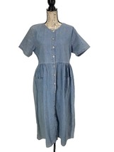 Erika &amp; Co Vtg Railroad Striped Denim Shirt Dress Tie Back Pleated Pockets M - £14.80 GBP