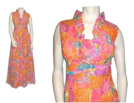 Vintage Floral Chiffon Gown, A-line, Ruffles, Fabulous 1970s Prom Party ... - $289.99