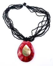 Red Coral Mother Of Pearl Teardrop Coconut Shell Black Seed Bead BOHO Necklace - £20.57 GBP