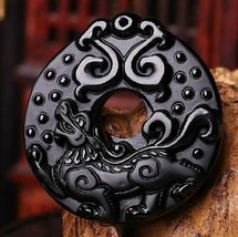 natural Obsidian stone Hand carved Chinese dragon charm pendant  - $10.88