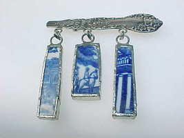  STERLING Silver BROOCH Pin with Dangling PORCELAIN Blue and White Art -... - $75.00