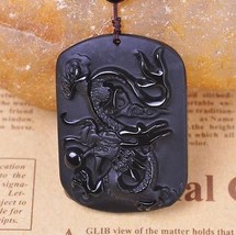 natural Obsidian stone dragon Hand carved dragon  gift charm luck pendant - $25.74