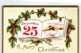 Merry Christmas Postcard December 25 Holly Leaves Embossed 1911 Vintage Greeting - £7.10 GBP