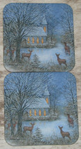LEANIN TREE &quot;Deer Church Snowy&quot;~Set of 2 Coasters~Cork Back~3.75&quot;x3.75&quot; #62681-5 - £5.82 GBP