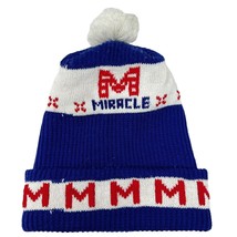 Vintage Knit Beanie Pom Pom Miracle Red White Blue Hat Letter M Winter  - £17.80 GBP