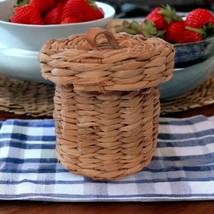 Woven Seagrass Lidded Basket Canister Leather Handle Bohemian Boho Chic Handmade - £17.27 GBP