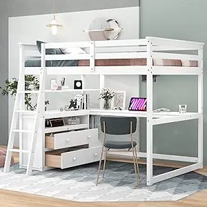 Merax Full Size Loft Bed with Desk, Shelves and Two Built-in Drawers, So... - $1,074.99