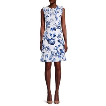 Karl Lagerfeld Paris Floral Sheath Dress Ruffle Sleeveless White Blue 16 - £26.62 GBP