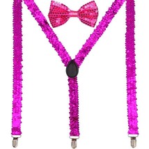 Men AB Elastic Band Hot Pink Sequin Suspender With Maching Polyester Bowtie - $4.84